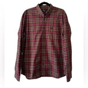Fred Perry Men’s Maroon Plaid Long Sleeve Button Down Collared Shirt-Size Medium